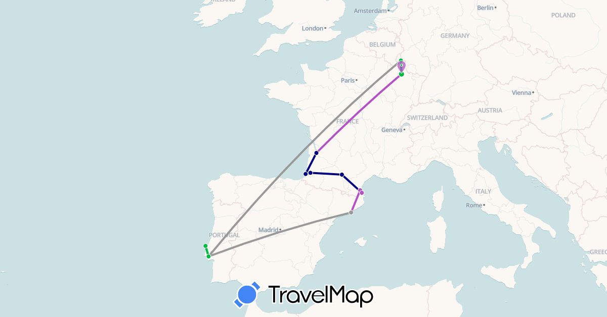 TravelMap itinerary: driving, bus, plane, train in Spain, France, Luxembourg, Portugal (Europe)